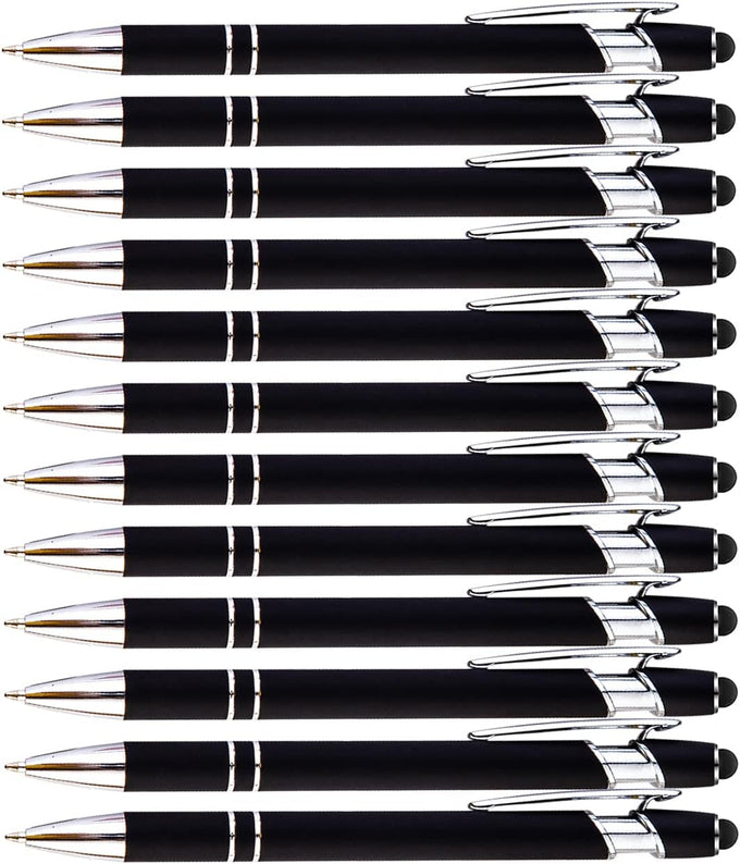 PASISIBICK 12-Piece Black Ballpoint Pen with Stylus Tip, 2 in 1 Stylish Metal Touch Screen Pen - Black Ink, 1.0 mm Medium Point - 5.5 x 0.4 inch / 14 x 1 cm