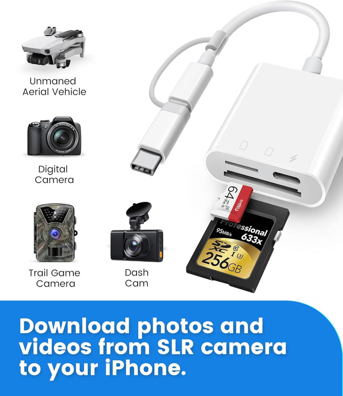 SD Card Reader for iPhone iPad, Oyuiasle Digital Trail Camera SD Card Viewer with Dual Slot for MicroSD/SD, Lightening&USBC Dual-Connector Memory Card Adapter for Photography, Plug and Play