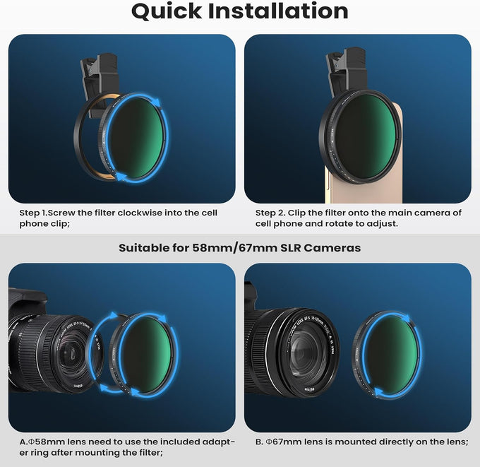67mm Variable ND2-400 Filter for Phone/DSLR, HD Neutral Density Filter