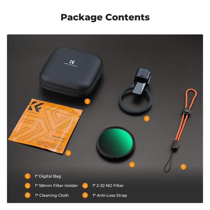 K&F CONCEPT 58mm Press-on ND2-32 Phone Lens Filter Kit