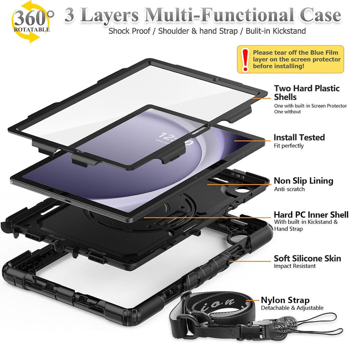 SEYMAC stock Case for Samsung Galaxy Tab A11+ Plus/A9+ Plus 11'', Full-Body Drop Protection Case with Screen Protector Pencil Holder [360° Rotating Hand Strap] &Stand - Black