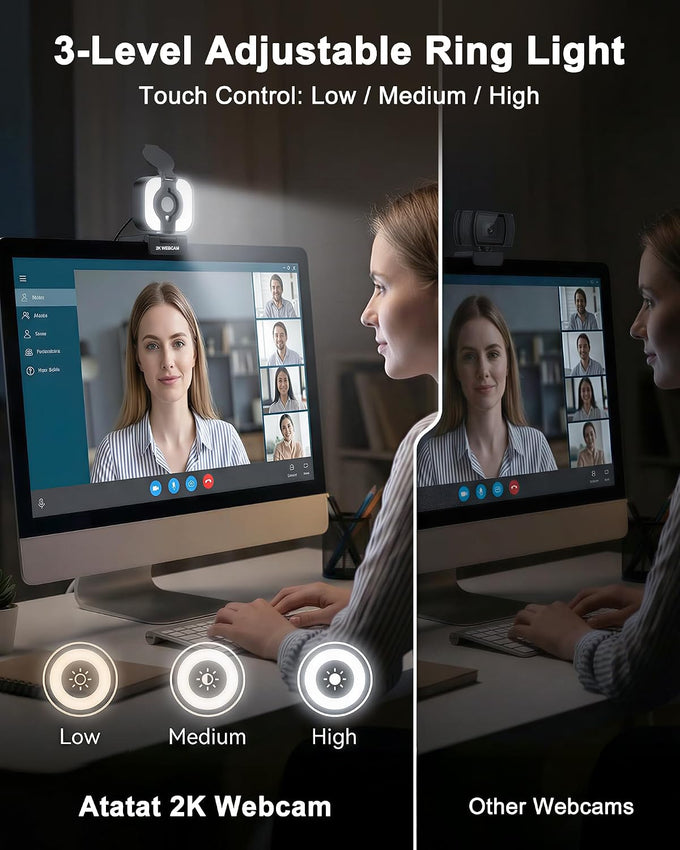 Atatat 2K Webcam for PC with Light, Microphone, Privacy Cover