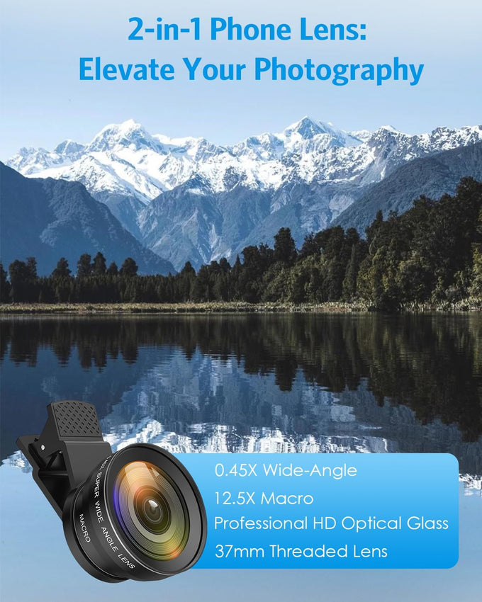 AMIR Phone Camera Lens, 0.45X Wide Angle & 12.5X Macro Lens, 2-in-1 Clip-On