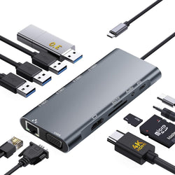 USB C Hub Multiport Adapter, 11 in 1 USB C Docking Station with 4K HDMI, 1080P VGA, 100W PD, USB 3.0, RJ45 Ethernet, TF/SD Card Reader, 3.5mm Audio, USBC Dongle for MacBook Pro/Air, Windows, Laptops