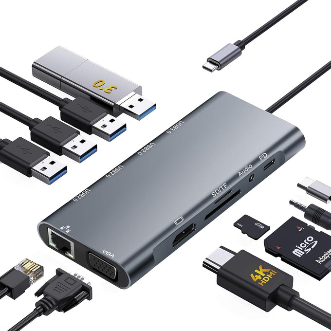 USB C Hub Multiport Adapter, 11 in 1 USB C Docking Station with 4K HDMI, 1080P VGA, 100W PD, USB 3.0, RJ45 Ethernet, TF/SD Card Reader, 3.5mm Audio, USBC Dongle for MacBook Pro/Air, Windows, Laptops