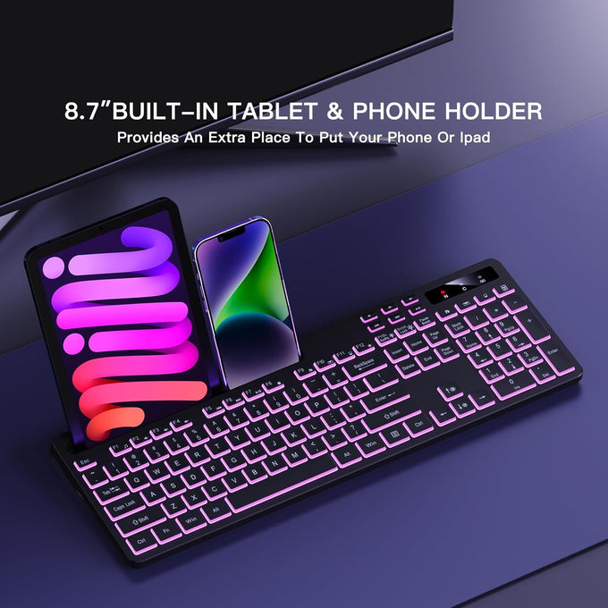 Soueto Wireless Keyboard with RGB Backlit, Phone Holder for Mac/PC, Black