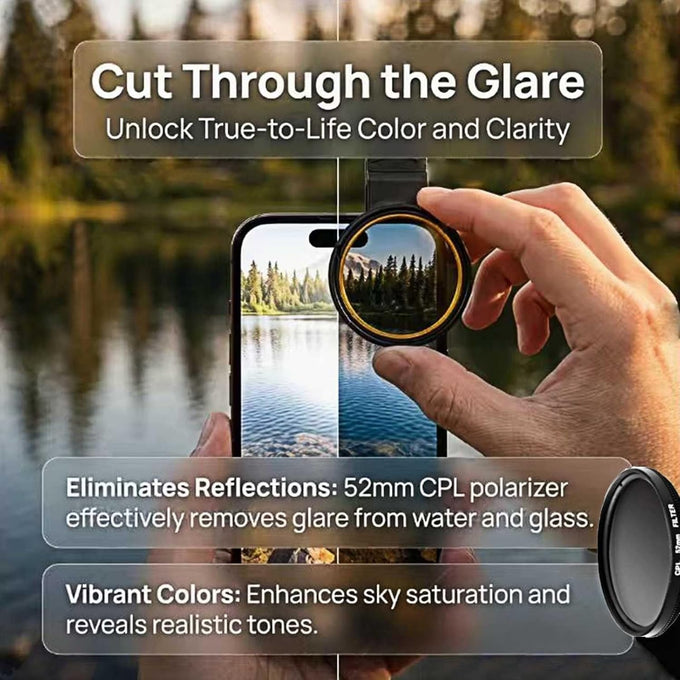 52mm Clip‑on CPL Phone Filter Kit, Optical Glass Lens