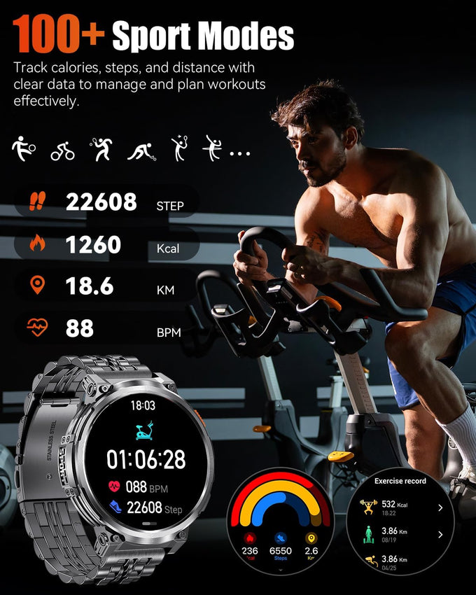 1.85" Big Screen Military Smart Watch for Men with Flashlight, 930mAh Large Battery, IP68 Waterproof, Bluetooth Calling, 114 Sports Modes, Heart Rate/Sleep Monitor for iPhone & Android