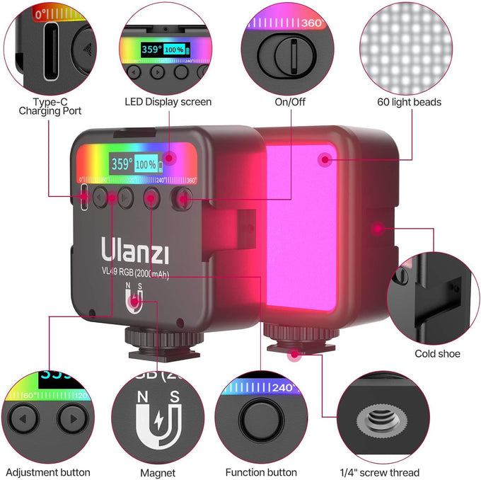 ULANZI VL49 RGB Video Lights LED Camera Light with 3 Cold Shoe & 1/4 Screw
