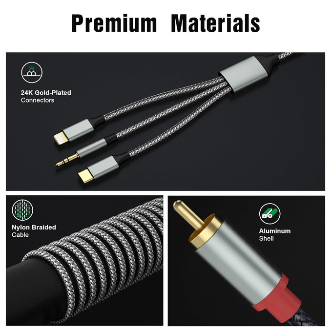 3 in 1 Lightning USB C 3.5mm to 2 RCA Audio Cable for Car Amplifier