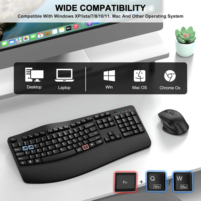 Wireless Keyboard and Mouse Combo, 2.4G Ergonomic Wave Keys(Black)