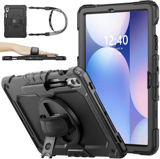 SEYMAC stock Case for Samsung Galaxy Tab S10 Lite / S10 FE / S9 FE 5G / S9 Tablet Case 10.9''/ 11'' Protective with Screen Protector, Pen Holder, 360 Rotate Stand, Hand Strap, Shoulder Strap, Black1