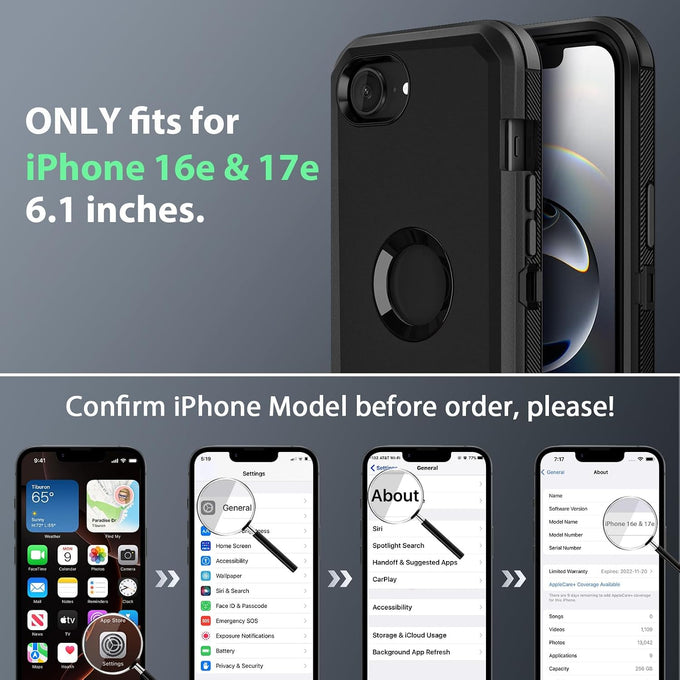 Jiunai for iPhone 16e Case 17e Cover Heavy Duty Shockproof Rugged Black