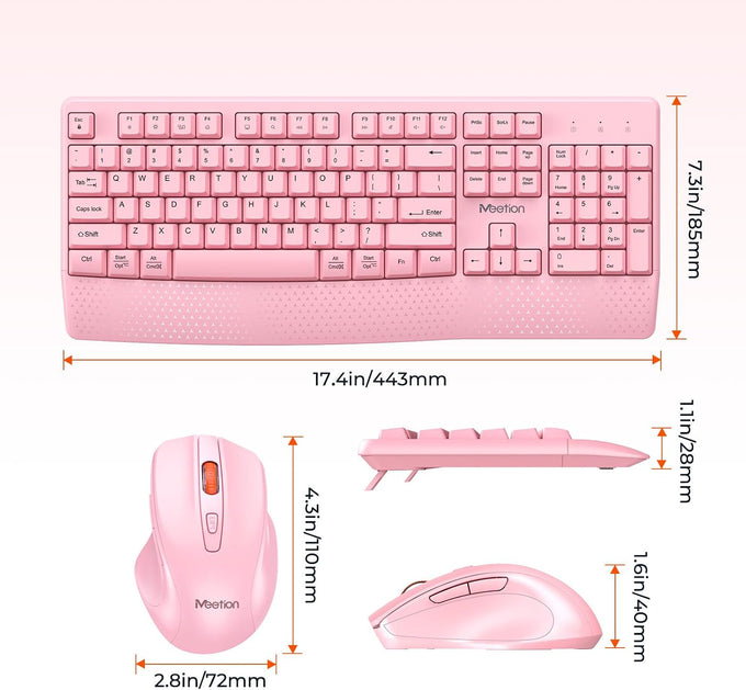 MEETION Wireless Keyboard and Mouse Combo, Full-Size with Wrist Rest, Pink
