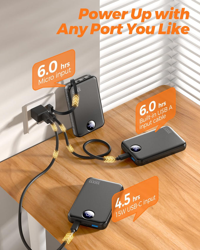Portable Charger 10000mAh with 4 Built-in Cables 40% Smaller