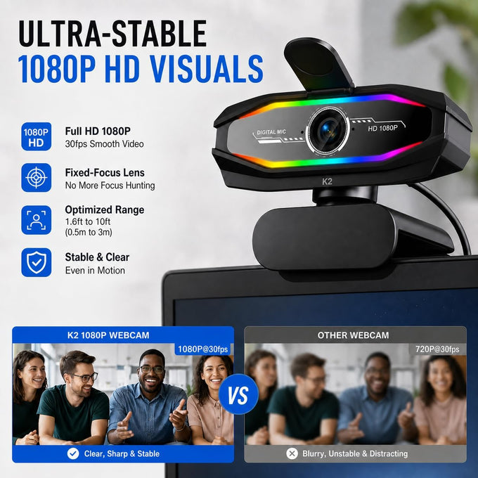 1080P Webcam with Microphone, Full HD Web Camera with RGB Light for Pc, Light Correction and Noise Cancellation Streaming Webcam, USB Computer Camera with Privacy Cover ,Plug and Play PC Web Cam