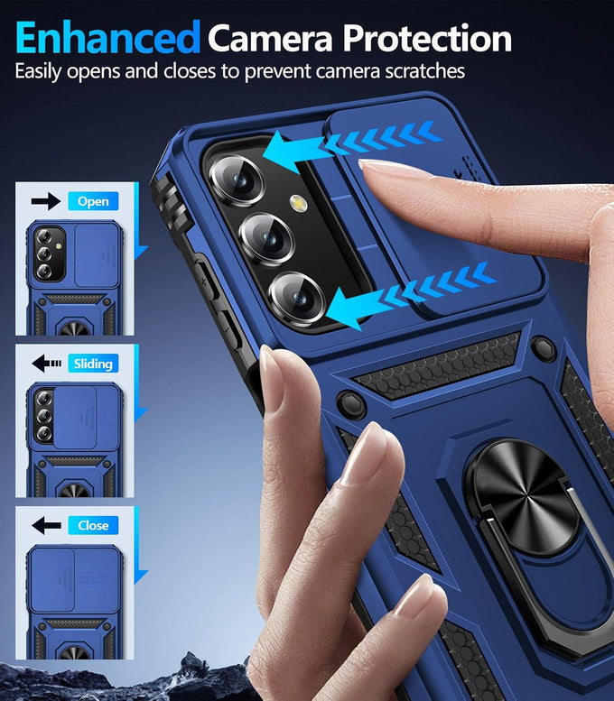 BaHaHoues for Samsung Galaxy A15 5G Case with Screen Protector & Slide Camera Lens Cover,Built-in 360°Rotate Magnetic Ring Stand Shockproof Protective Phone Case for Samsung A15 5G Case (Blue)