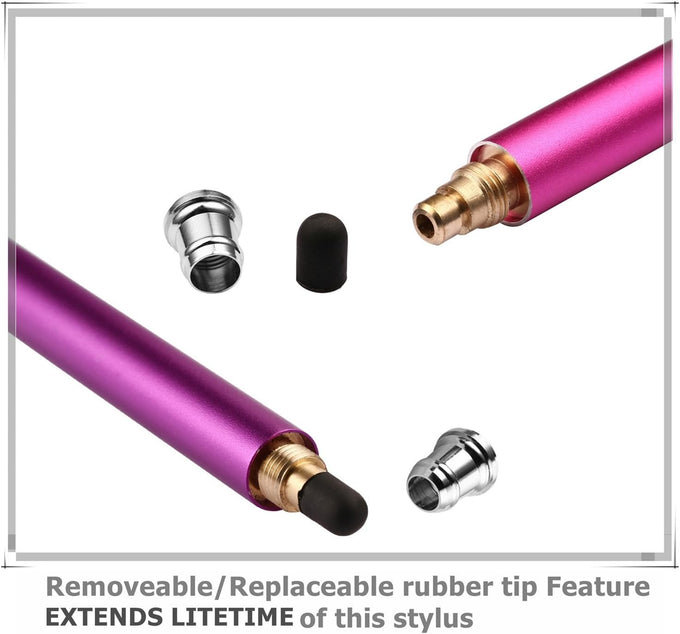 (2 Pcs) [New Upgraded][0.18-inch Small Tip Series] 2-in-1 Stylus/Styli 5.5-inch L with 10 Replacement Rubber Tips -Purple/Pink