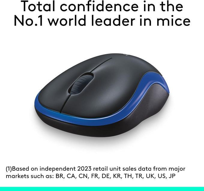 Logitech M185 Compact Ambidextrous Wireless Mouse with Rubber Grips - Blue