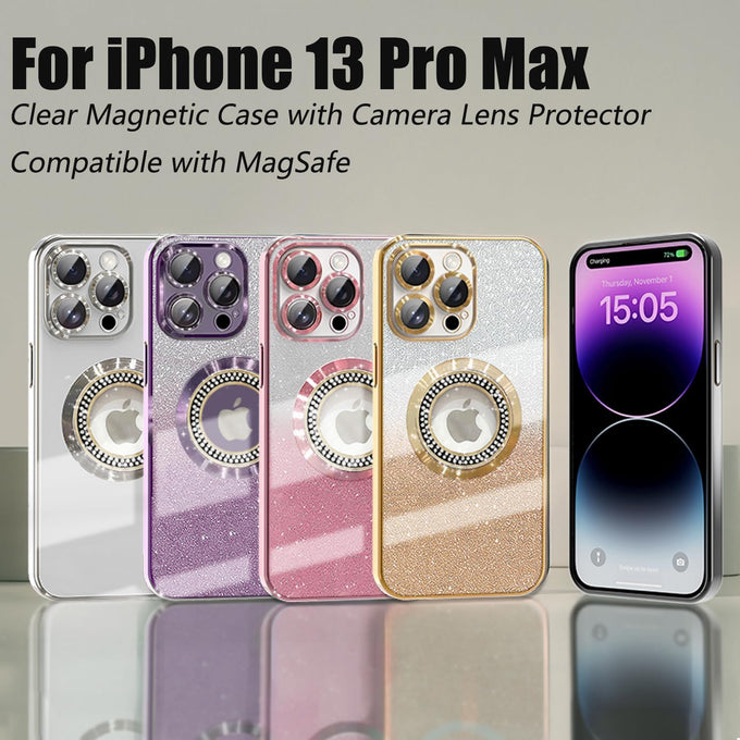 Misscase for iPhone 13 Pro Max Magnetic Glitter Case Compatible with MagSafe,Full Protection Slim Shockproof Anti-Scratch Case with Camera Lens Protector Logo View Dust-Proof Net for Women Gold