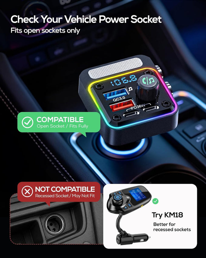 Nulaxy 54W Bluetooth 5.3 Car Adapter, FM Transmitter 4-Port Fast Charging