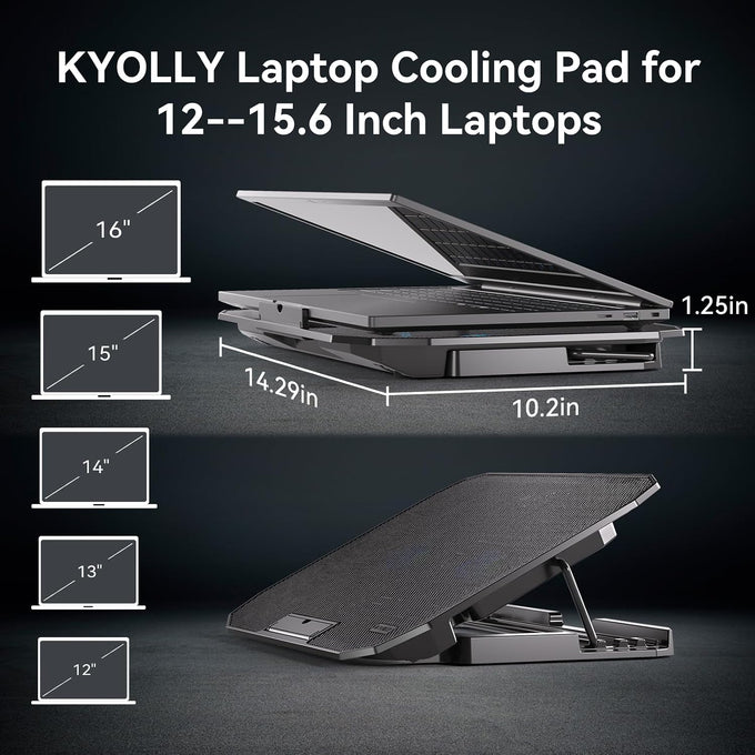 KYOLLY Ultra Slim Laptop Cooling Pad with 2 Quiet Big Fans, 5 Height Adjustable Ergonomic Stand, Portable Cooler for 10-15.6 Inch Laptops, Speed Control and 2 USB Ports