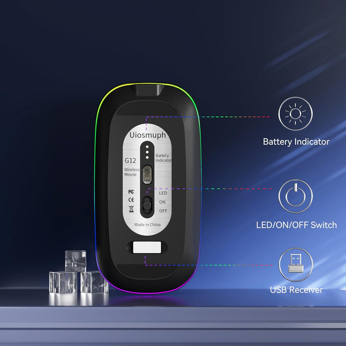 Uiosmuph LED Wireless Mouse, G12 Slim Rechargeable Silent Mouse Matte Black