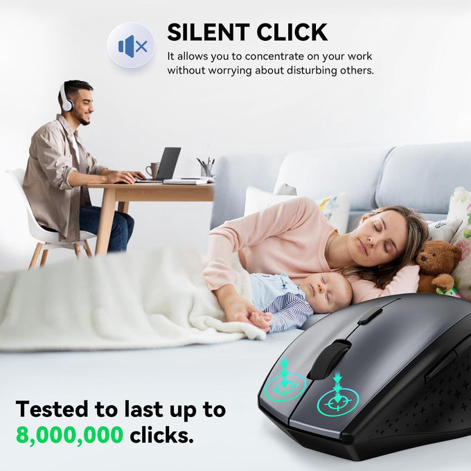 TECKNET 2.4G Wireless Mouse, 4800 DPI Ergonomic Computer Mouse, USB, Grey
