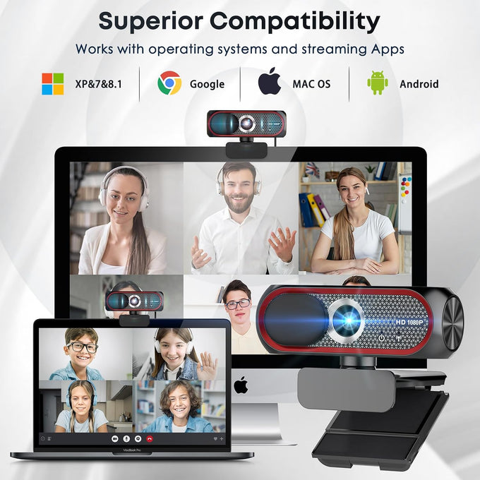 1080P HD Webcam with Microphone, Noise Cancellation, Privacy Cover, Wide-Angle Lens, Auto Light Correction, Plug & Play USB Webcam for Laptop, Desktop, PC, Mac, Zoom, Skype, Streaming (Red)