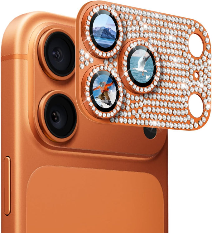 1 Pack Compatible for iPhone 17 Pro Max Camera Lens Protector Glitter, Bling Diamond Ring Anti-scratch 9H Tempered Lens Cover Easy Installation iPhone 17 Pro Max Lens Protector-Diamond Orange