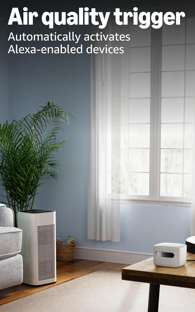 Amazon Smart Air Quality Monitor, Detects temperature, humidity, carbon monoxide, PM2.5 and VOCs, Get notifications when air quality drops, Works with Alexa