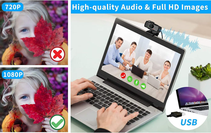 1080P HD Webcam with Microphone and Privacy Cover, USB Plug & Play Computer Camera, 120° Wide Angle Fixed Focus Web Camera for Video Conferencing, Online Learning, Streaming and Gaming