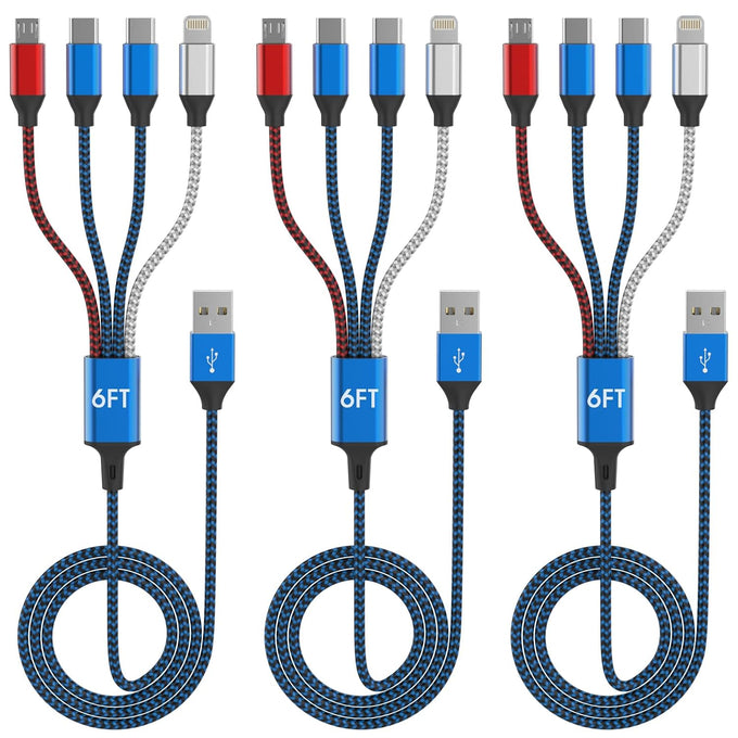 4-in-1 Multi Charging Cable (3-Pack, 6FT) - Dual USB-C, Lightning, Micro