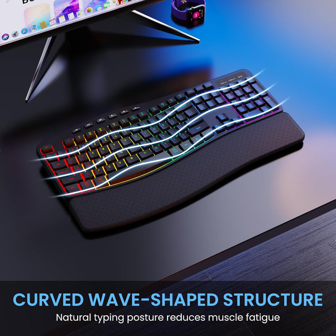 COLIKES Wireless Ergonomic Keyboard, Backlit Keyboard Silent with 15 RGB Lighting Effects, Leather Wrist Rest, 2500mAh Rechargeable, Multimedia Keys, Wave Keyboard for PC Computer Laptop Windows Mac