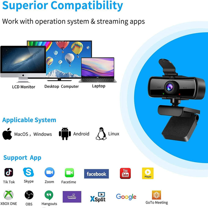 1080P HD Webcam with Microphone and Privacy Cover, USB Plug & Play Computer Camera, 120° Wide Angle Fixed Focus Web Camera for Video Conferencing, Online Learning, Streaming and Gaming