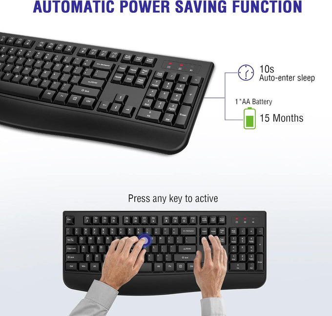 QUASIO Wireless Keyboard, 2.4G Full-Sized Ergonomic Wireless Computer Keyboard with Wrist Rest for Windows, Mac OS Laptop/PC/Desktop/Notebook(Black)