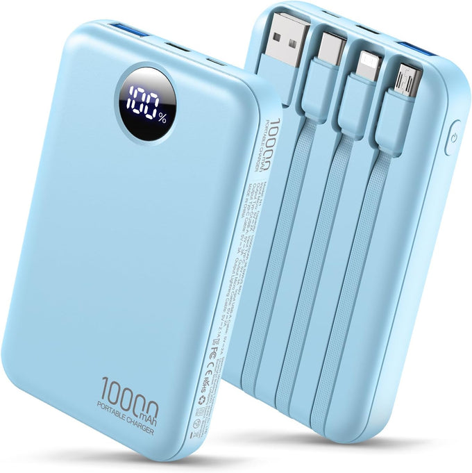 Portable Charger 10000mAh with 4 Built-in Cables 40% Smaller