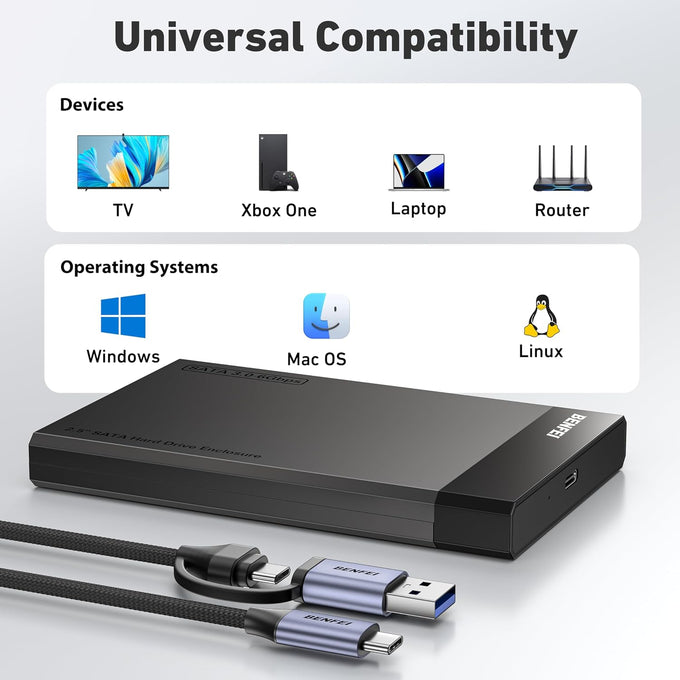 BENFEI 2.5 Inch SATA to USB Tool Free External Hard Drive Enclosure (6Gbps, Optimized for SSD, Support UASP SATA III)