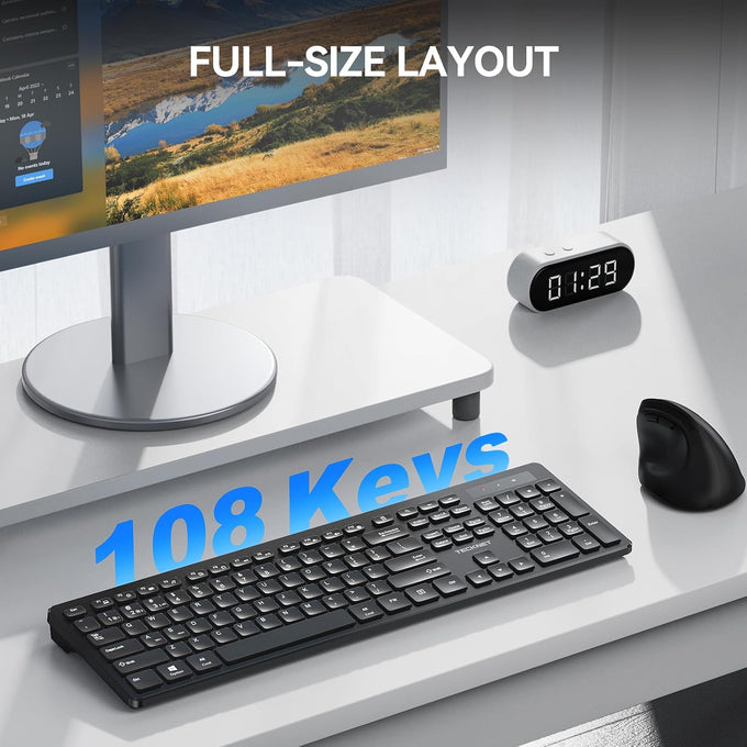 TECKNET Wireless Keyboards Full Size, Bluetooth+2.4G USB for Windows, Black