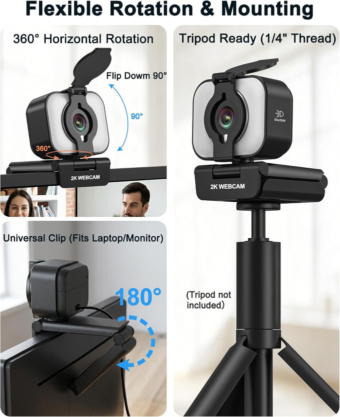 Atatat 2K Webcam for PC with Light, Microphone, Privacy Cover