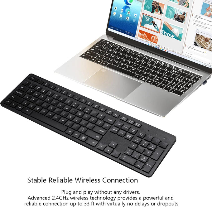 USB Silent Wireless Keyboard for Laptop Computer Full Size Number Pad Black