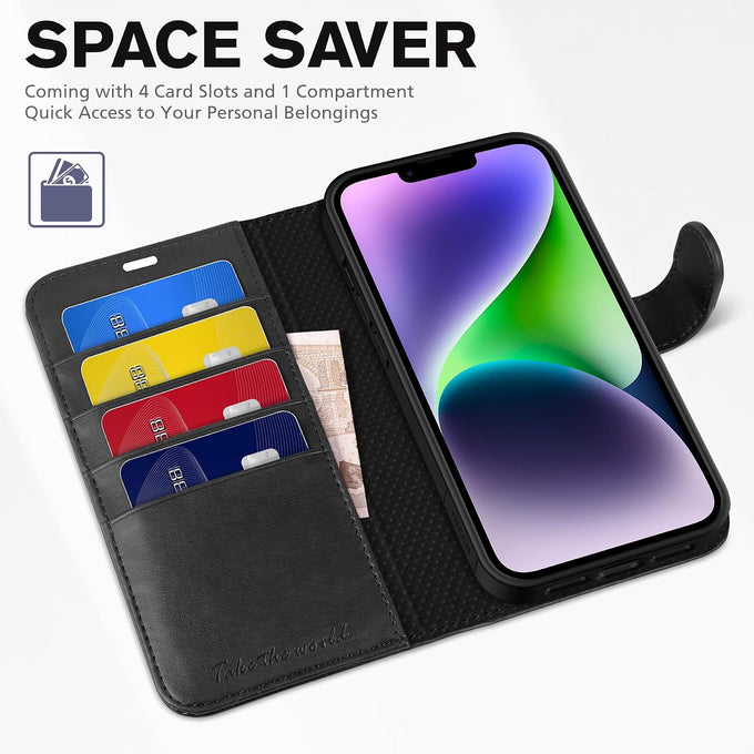 TUCCH Wallet Case for iPhone 14 (6.1") 2022, 4 Card Holders, Black