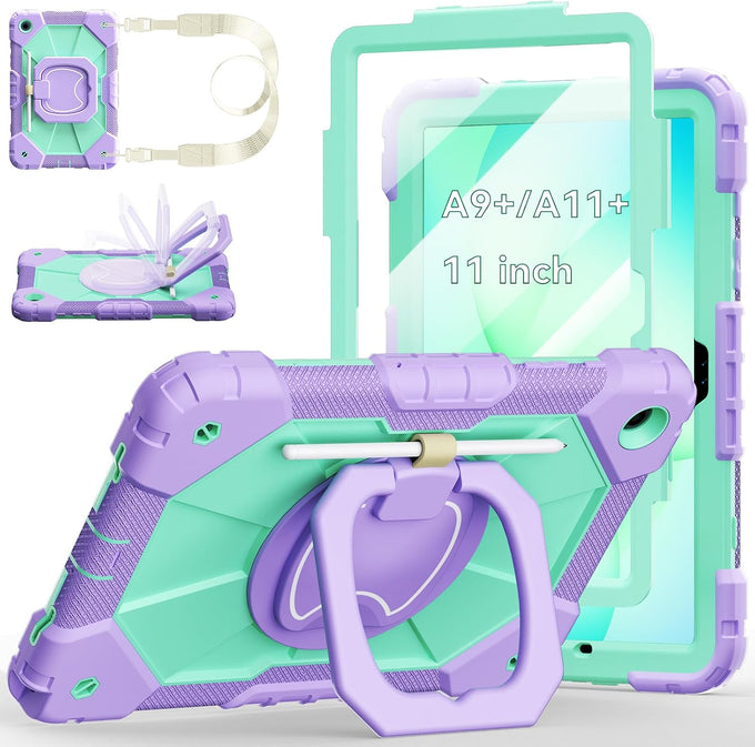 Case for Samsung Galaxy Tab A11+ Plus/A9+ 11 Inch 2025/2023,Ubearkk Case for Samsung Galaxy A9 Plus/A11+ Tablet case with Screen Protector 360 Rotating Stand Shoulder Strap Pen Holder, Purple Pink