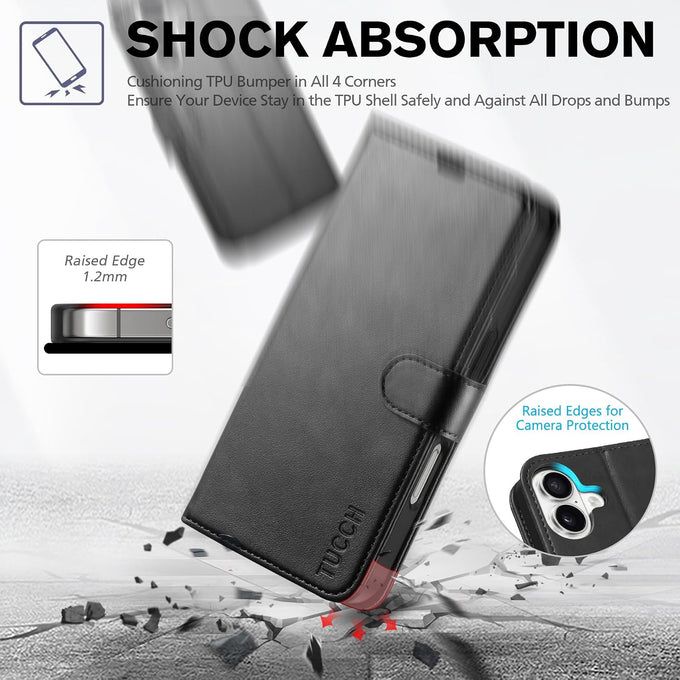 TUCCH Wallet Case for iPhone 16 (6.1") 2024, 4 Card Holders, Black