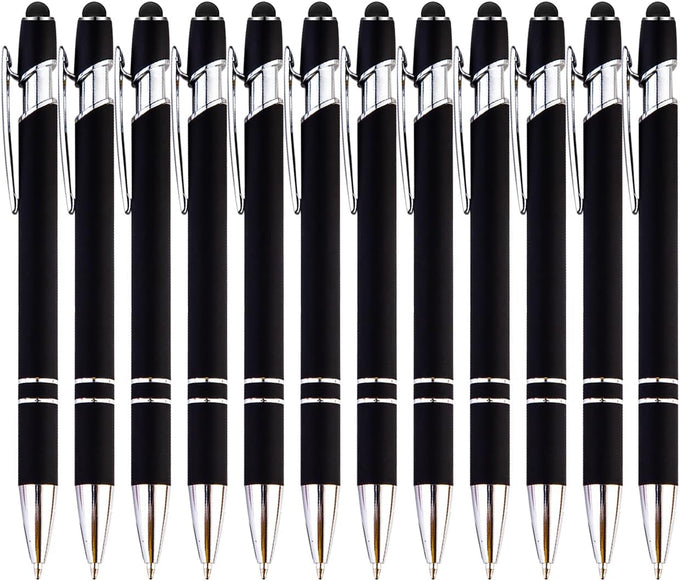 PASISIBICK 12-Piece Black Ballpoint Pen with Stylus Tip, 2 in 1 Stylish Metal Touch Screen Pen - Black Ink, 1.0 mm Medium Point - 5.5 x 0.4 inch / 14 x 1 cm