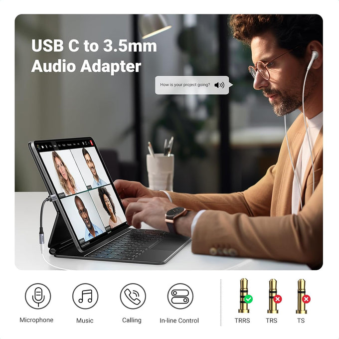 UGREEN USB C to 3.5mm Audio Adapter Type C to Aux 24bit/96kHz, Grey