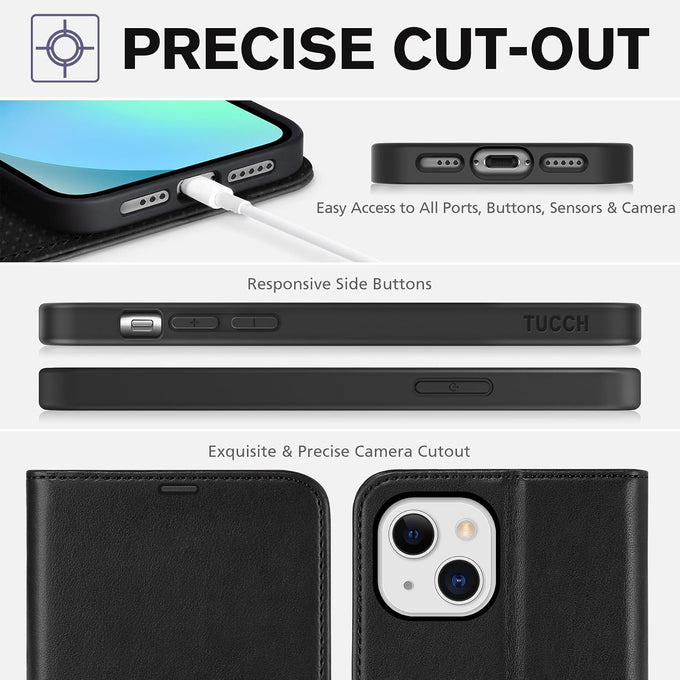 TUCCH Wallet Case for iPhone 13 (6.1") 2021, 3 Card Holders, Black