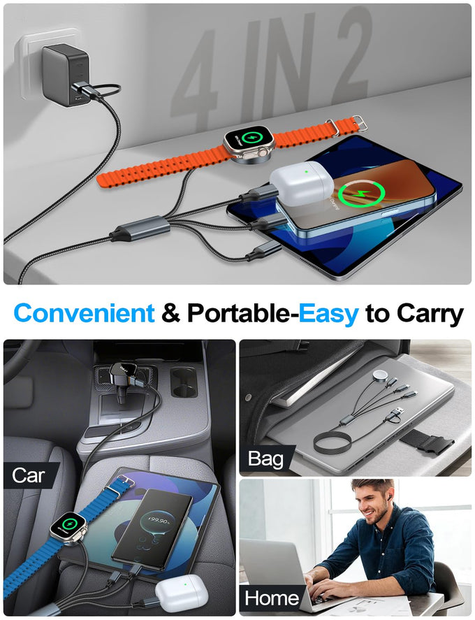 4-in-2 Multi Charging Cable for Apple Watch Charger/iPhone/Samsung Charger