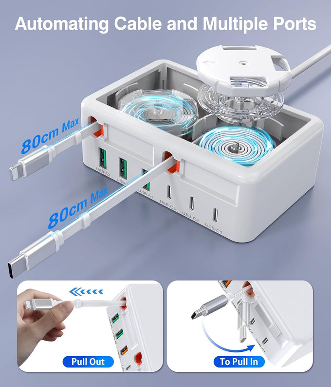 2026 Latest USB C Charger Block, 8 in 1 GaN Retractable Charger Station Hub with Lightening & Type C Cable, 120W Travel Essential Multi USB C Power Strip Plug for iPhone 17 16 15 Pro Max iPad Galaxy