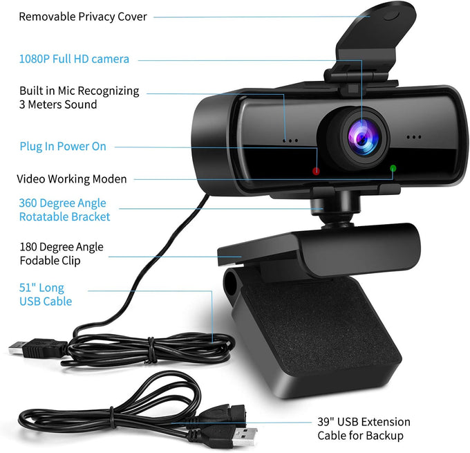 1080P HD Webcam with Microphone and Privacy Cover, USB Plug & Play Computer Camera, 120° Wide Angle Fixed Focus Web Camera for Video Conferencing, Online Learning, Streaming and Gaming